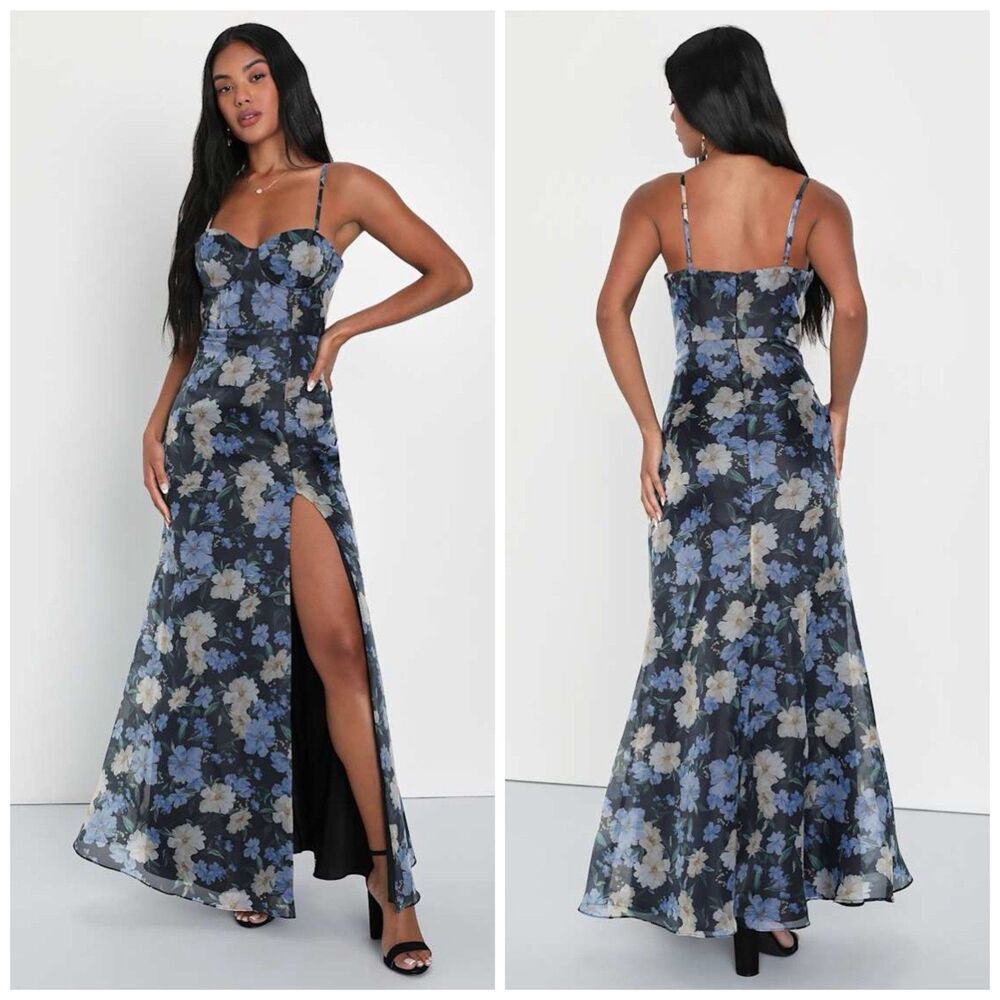 Lulu's Navy & Gray Floral Maxi Dress with Side Slit